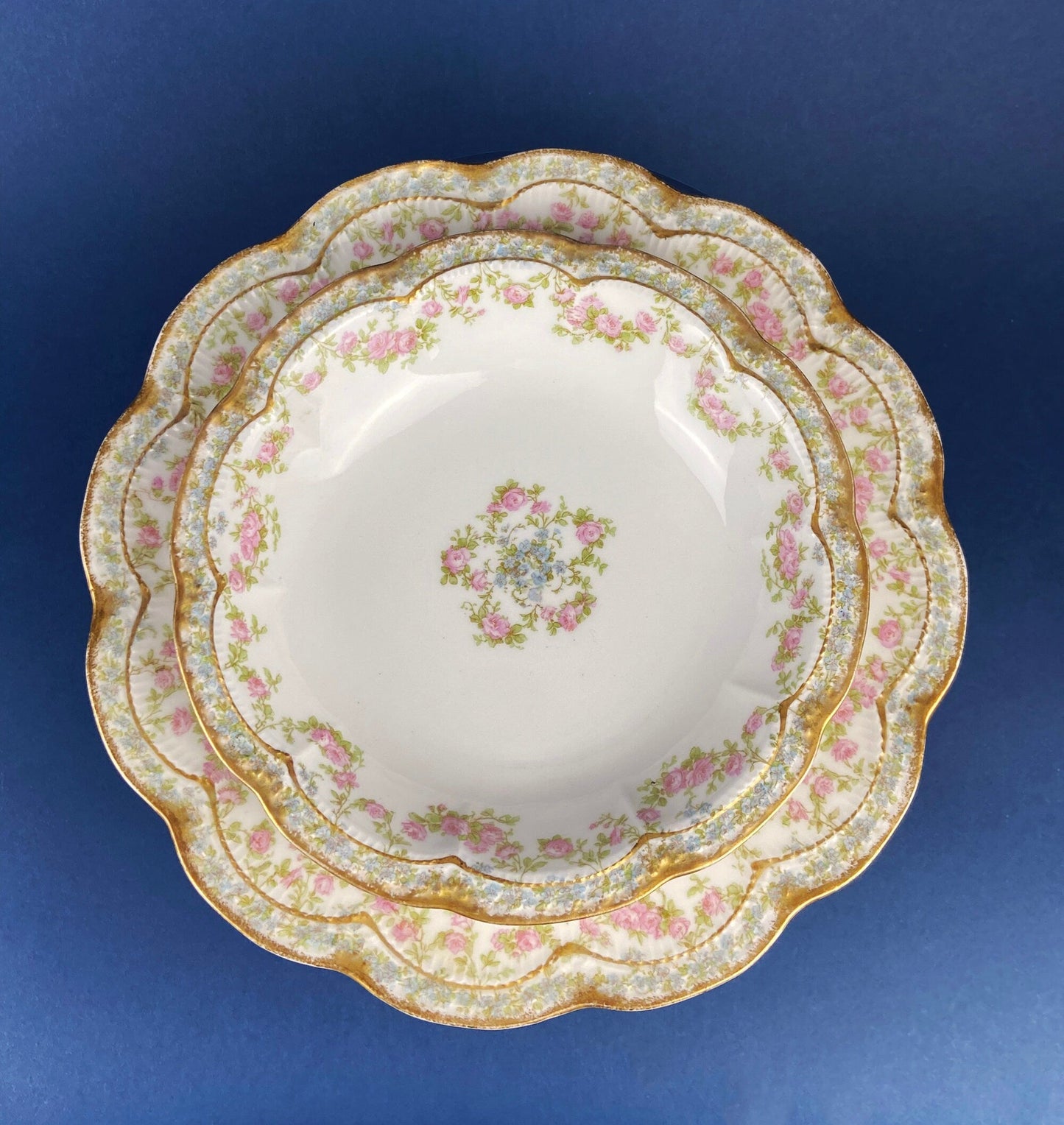 Antique Bavarian Porcelain Teacup, Saucer, and Small Dessert Plate with Delicate Roses. Hand-Painted Trio. Garlands of Roses. J & C Ovid.