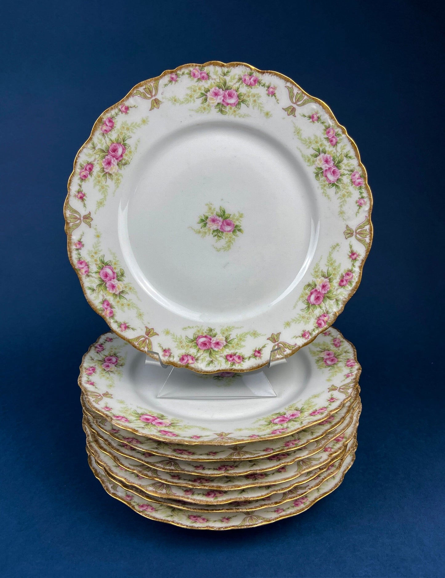 Antique Bavarian Porcelain Teacup, Saucer, and Small Dessert Plate with Delicate Roses. Hand-Painted Trio. Garlands of Roses. J & C Ovid.