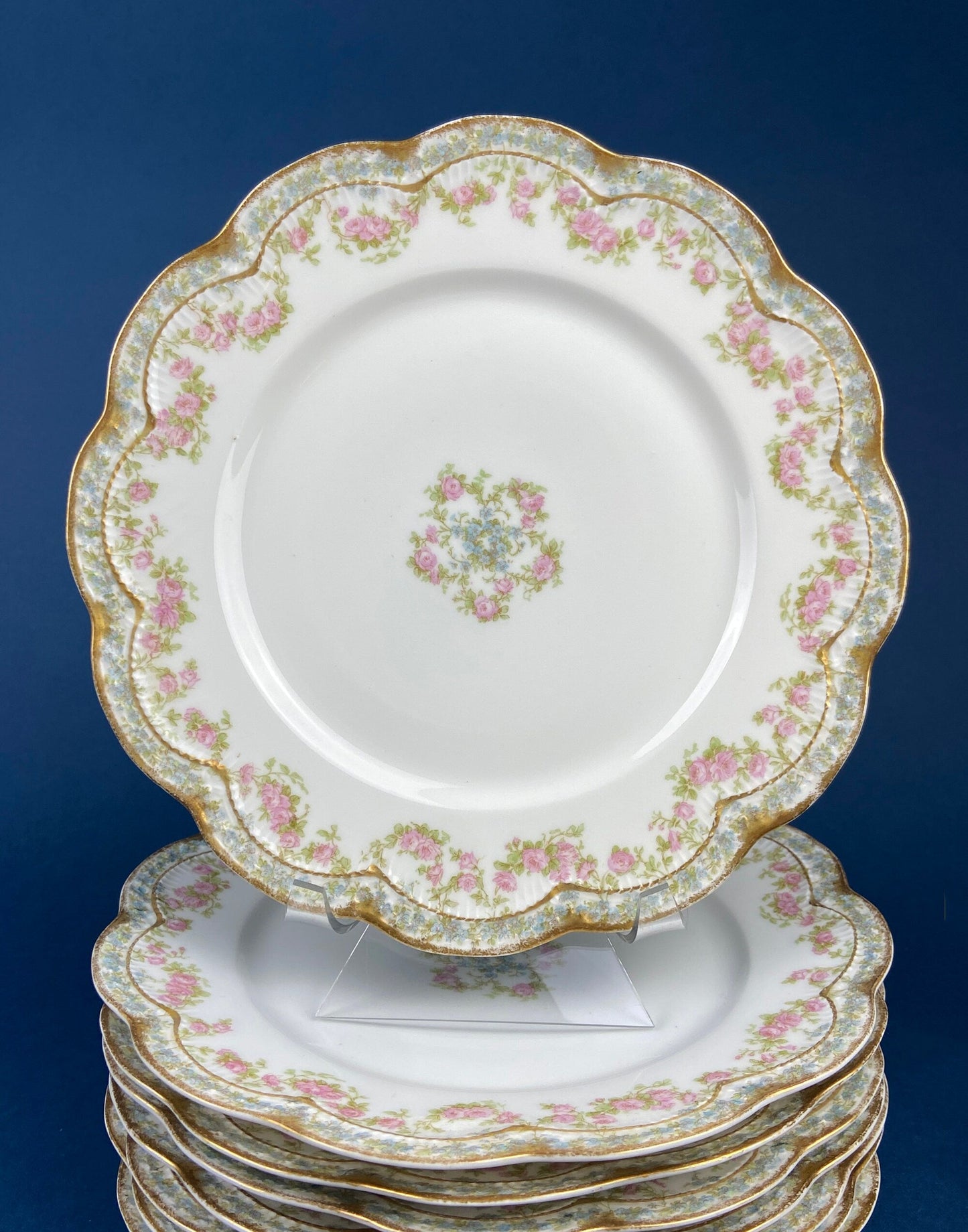 Antique Warwick Salad Plates: Hand-Painted Cottage Rose, Set of 6