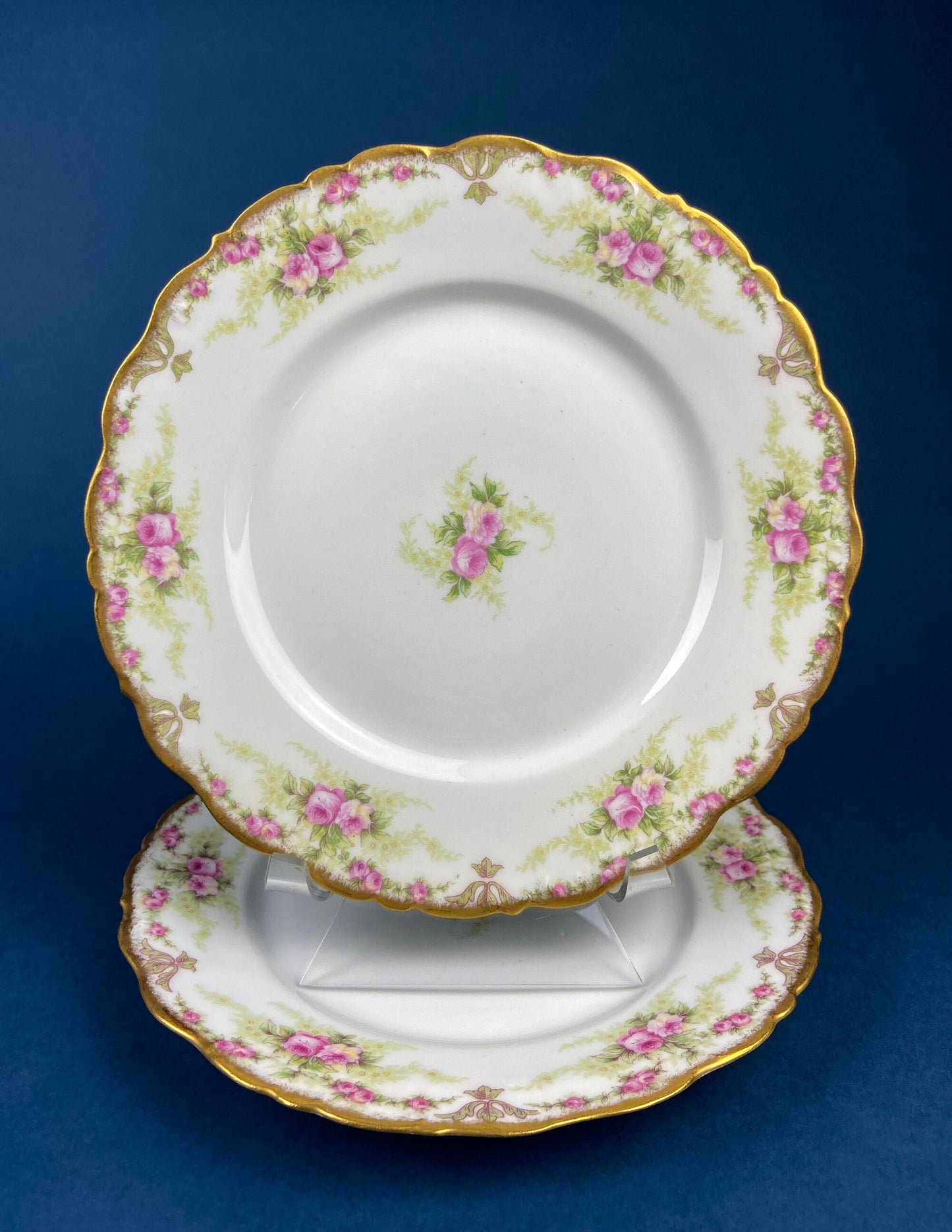 Dinner or Salad Plates, Antique Limoges Elite Porcelain Set of Two Hand-Painted Rose Garlands and Scalloped Gold Rim. MF. & Co.