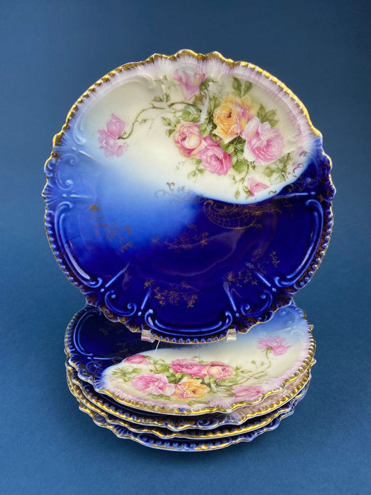 Cobalt Blue Plates with Hand-Painted Roses.  Set of Five Antique Royal Bavarian Dessert Serving Plates. Cottagecore. Housewares.