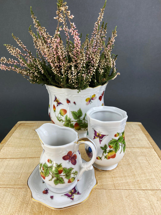 Vases, Vintage Collection of Vases with Strawberries, Insects and Butterflies. Small Vases for Wild Flowers and Matching Pot. Home Decor.