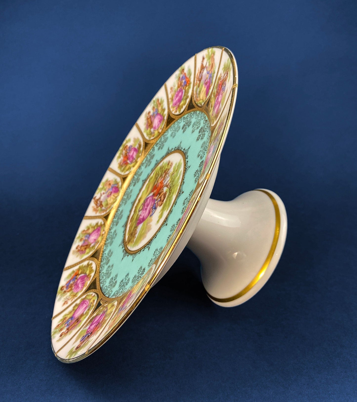 Footed Cake Stand. Vintage, Hand Painted Porcelain. OTCO, Bavaria. Fragonard, 18th C Inspired, Amorous Motifs. Collectible.