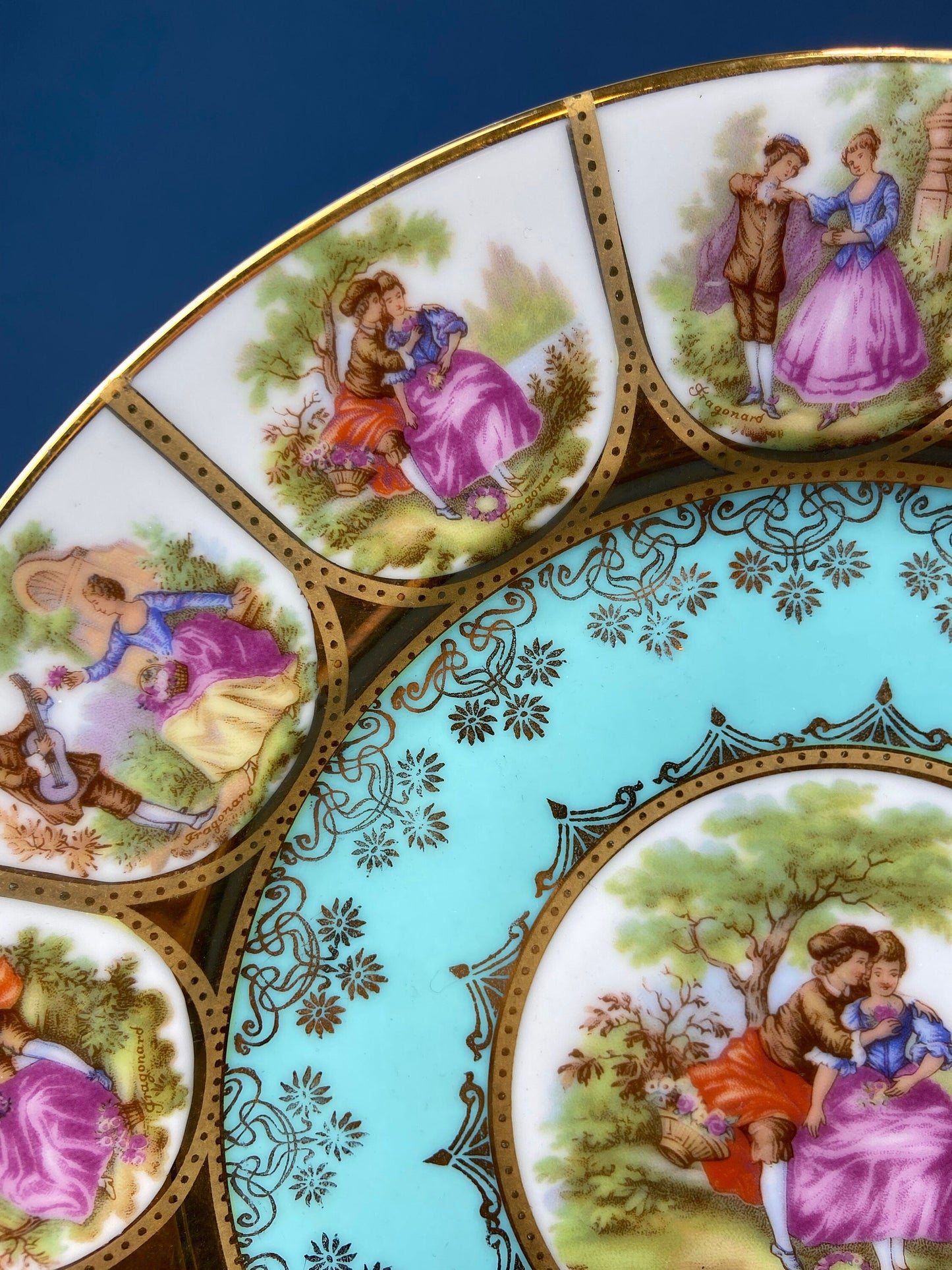 Footed Cake Stand. Vintage, Hand Painted Porcelain. OTCO, Bavaria. Fragonard, 18th C Inspired, Amorous Motifs. Collectible.