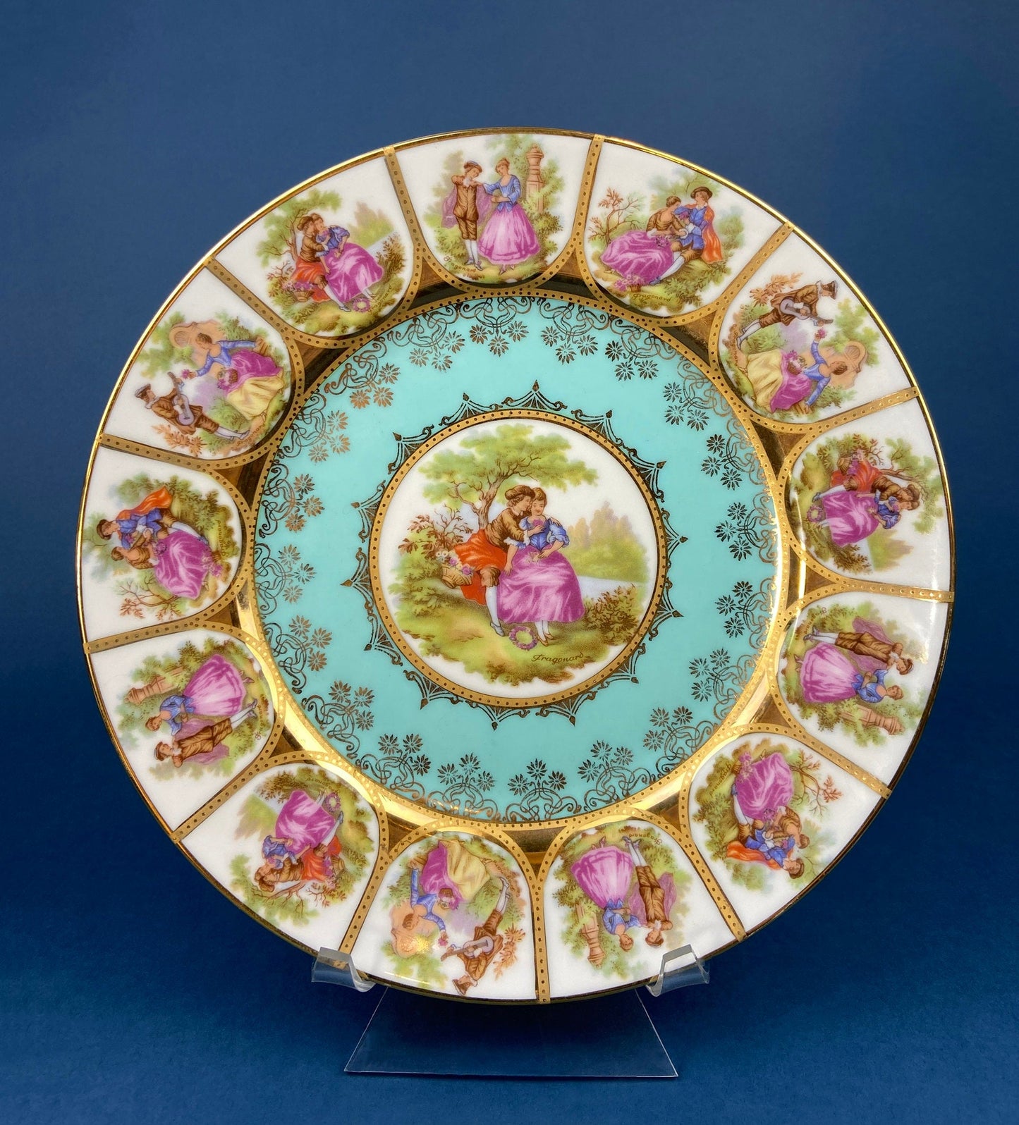 Footed Cake Stand. Vintage, Hand Painted Porcelain. OTCO, Bavaria. Fragonard, 18th C Inspired, Amorous Motifs. Collectible.