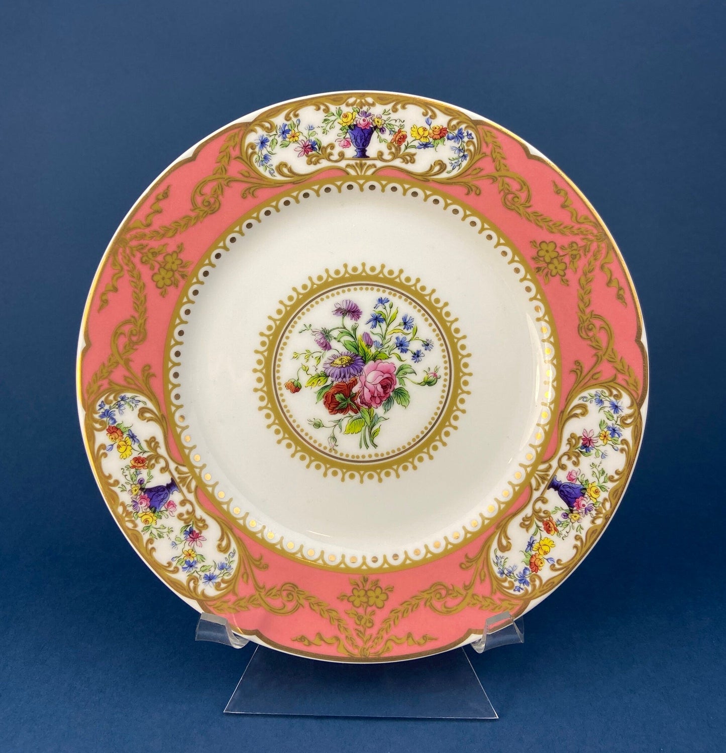 Antique Hand Painted Serving Plate with Gold Lattice. Porcelain Platter with Wild Flowers Motif.
