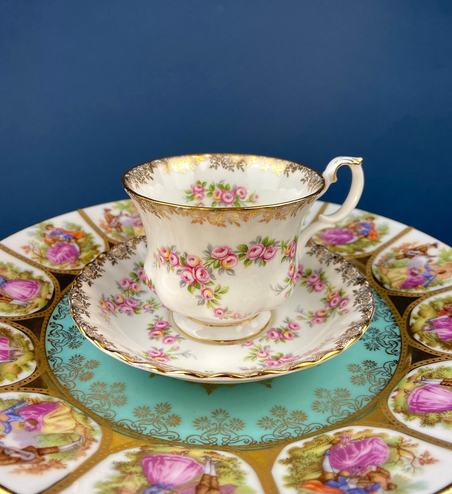 Footed Cake Stand. Vintage, Hand Painted Porcelain. OTCO, Bavaria. Fragonard, 18th C Inspired, Amorous Motifs. Collectible.