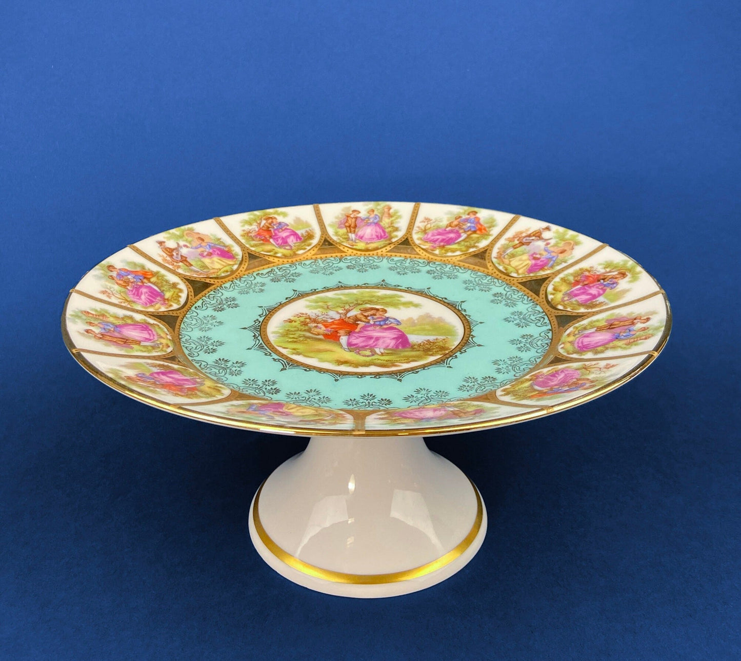 Footed Cake Stand. Vintage, Hand Painted Porcelain. OTCO, Bavaria. Fragonard, 18th C Inspired, Amorous Motifs. Collectible.