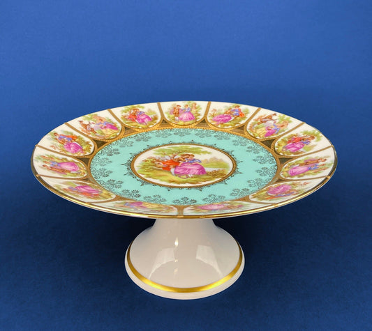 Footed Cake Stand. Vintage, Hand Painted Porcelain. OTCO, Bavaria. Fragonard, 18th C Inspired, Amorous Motifs. Collectible.