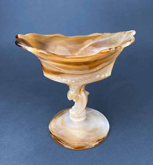 Vintage Slag Glass Footed Bowl. Brown and White Marbled Compote with Floral Base. Candy or Trinket  Dish.