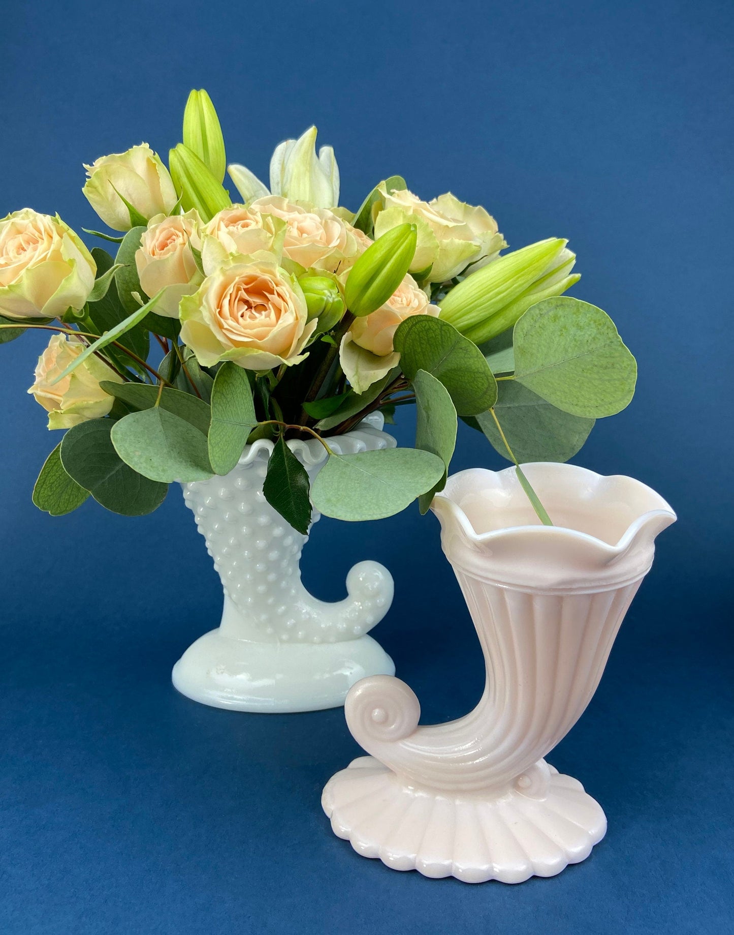 Pink Milk Glass Horn Vases. Pair of Cornucopia Shaped Vases in Rare Shell Pink. Table Centerpieces. Collectible Floral Vases.