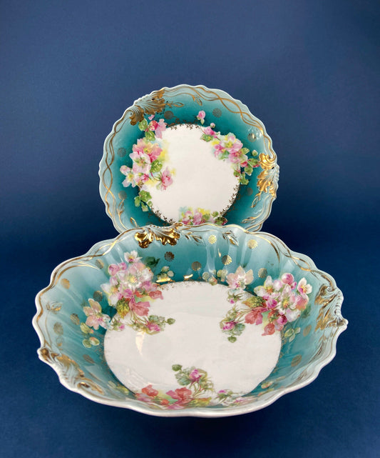 Antique Plate and Bowl by Milton, Imperial Vienna. Hand-Painted Tea Roses. Collectible Dessert Plate and Serving Bowl.