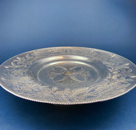 Extra Large Metal Vintage Lazy Susan.  Aluminum by Gailstyn. Hand-Engraved Floral and Leaf Pattern. Silver Colored, Footed Serving Bowl/Dish