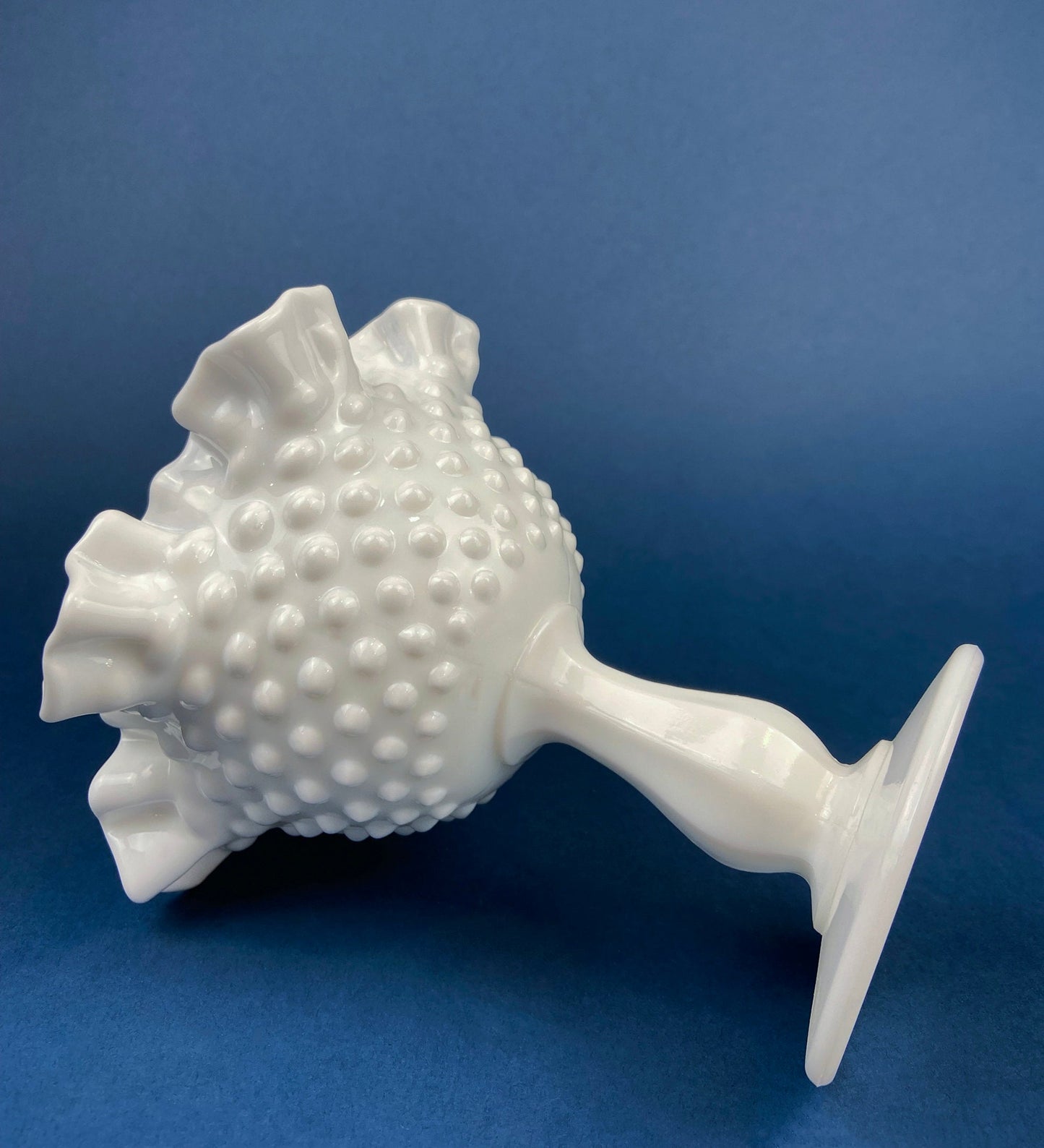 Fenton Milk Glass Compote. White, Footed, Hobnail Bowl with Scalloped and Ruffled  Rim.