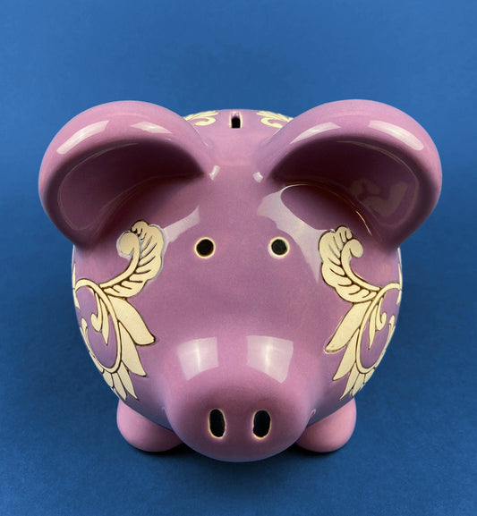 Large Ceramic Piggy Bank. Lavender Colored with Off-White Flowers and Vines. Gift for a Friend, Kid, or Travel Budget. Children's Room Decor