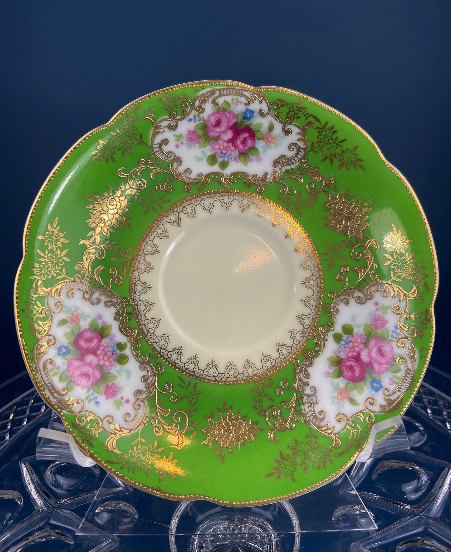 Antique Cup and Saucer Made in Occupied Japan.  Emerald Green , Gold , and Pink. Beautiful Pattern.