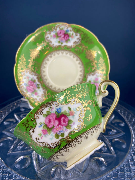 Antique Cup and Saucer Made in Occupied Japan.  Emerald Green , Gold , and Pink. Beautiful Pattern.