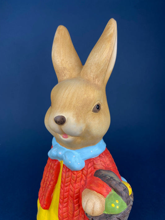 Large Girl Bunny Figurine Carrying Basket with Painted Eggs. Vintage Pottery, Hand Painted Female Rabbit. Easter Decor. Kids Room Decor.