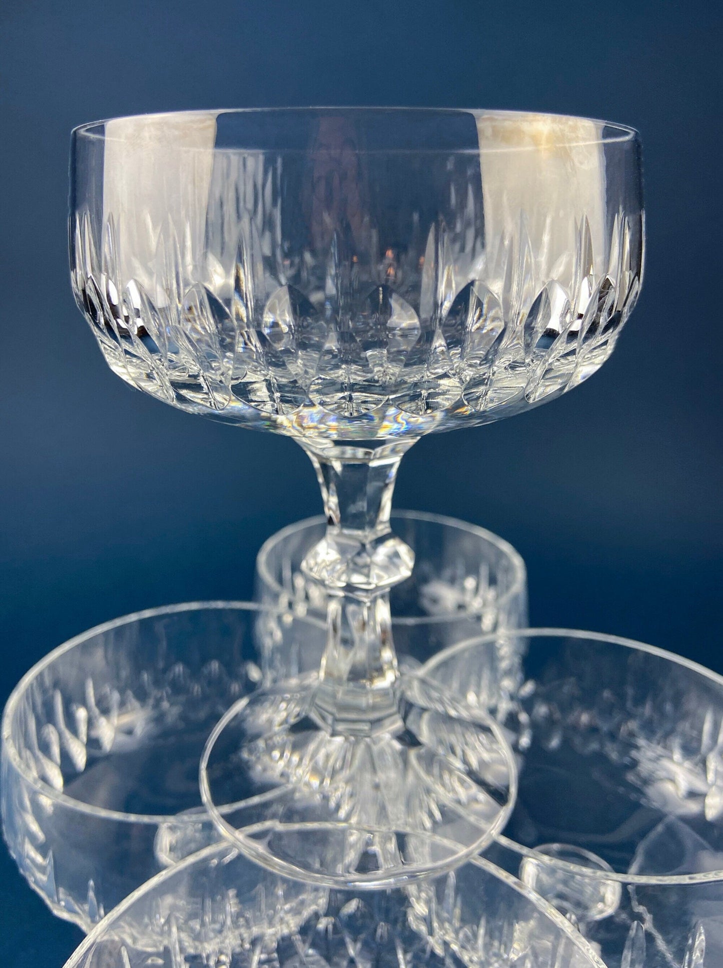 Cut Crystal Champagne Glasses. Geometrical Motif. Set of 7 Stemware. Incredible Shimmer & Ping. Wedding Gift. Housewarming Celebration.