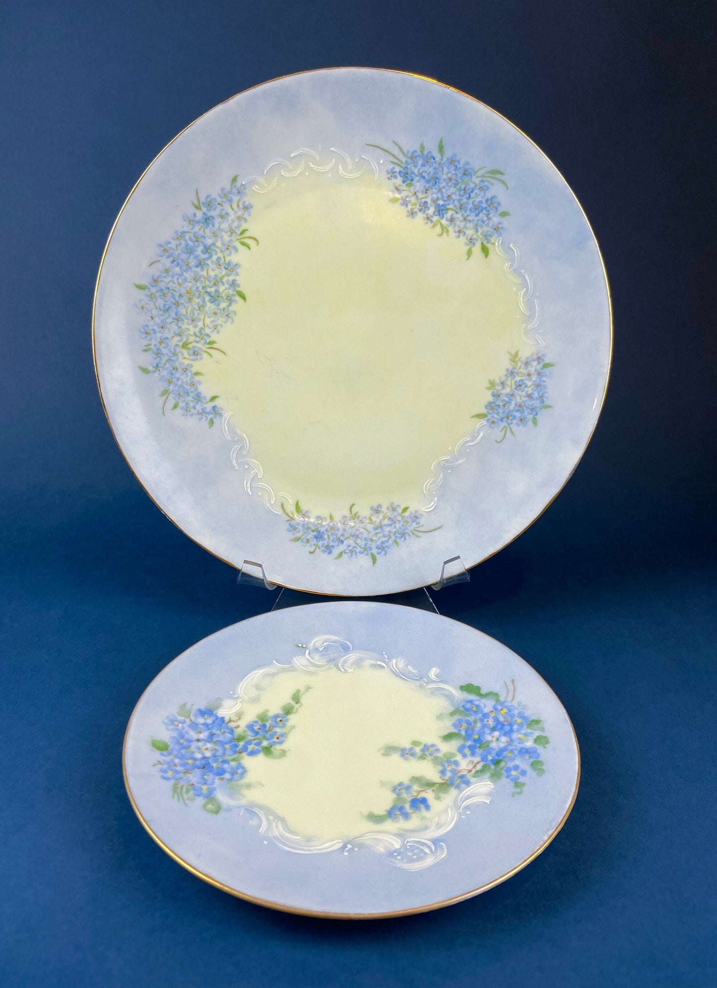 Forget me Not Set of Cup, Saucer, Dessert or Salad Plates, and Dinner Plates. Antique Hand Painted Porcelain Dishes. Breakfast Set.