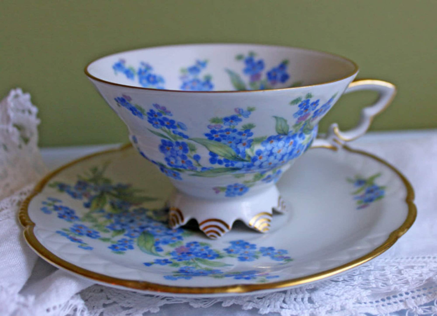 Forget me Not Set of Cup, Saucer, Dessert or Salad Plates, and Dinner Plates. Antique Hand Painted Porcelain Dishes. Breakfast Set.
