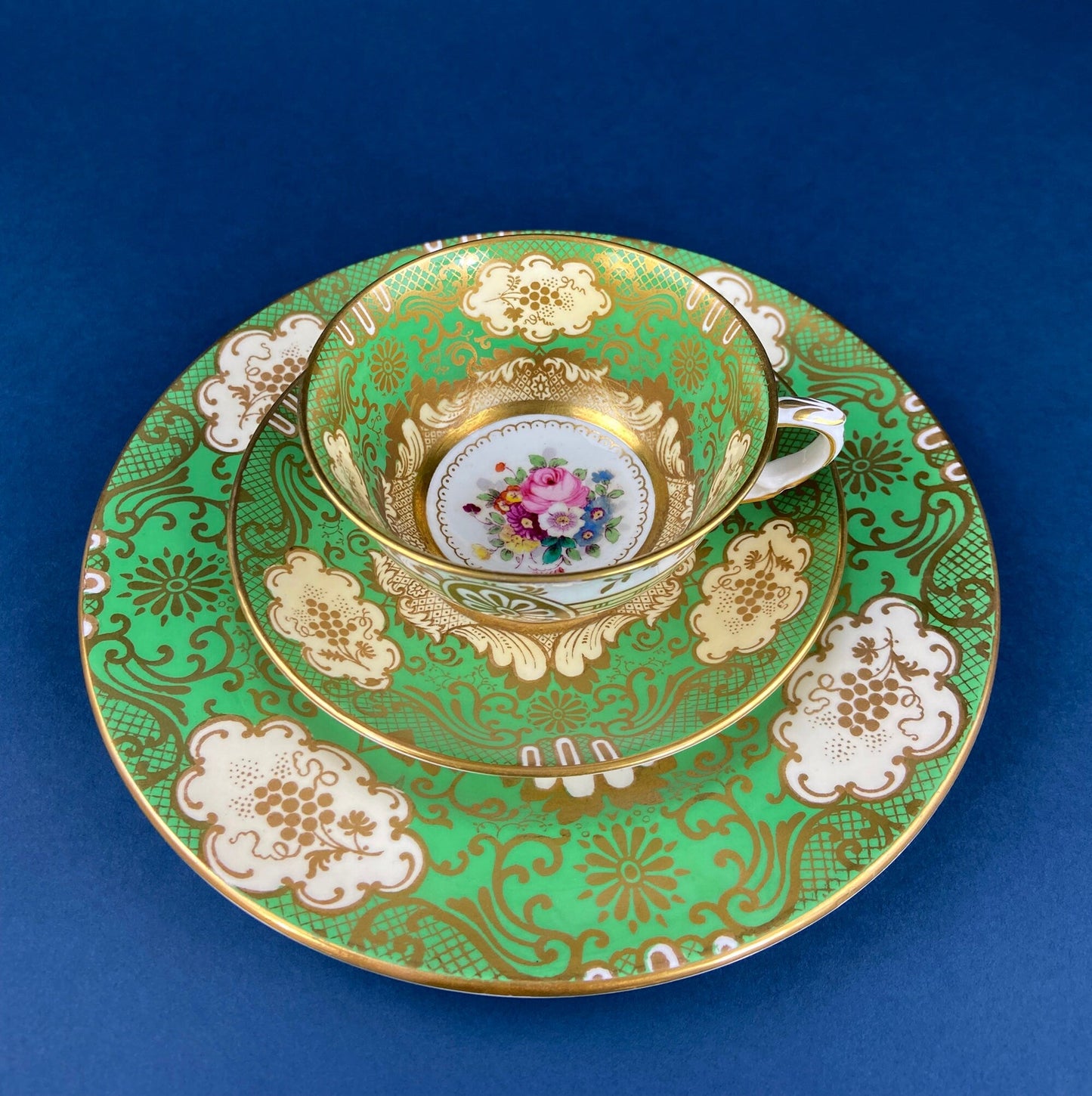 Antique Cup and Saucer Made in Occupied Japan.  Emerald Green , Gold , and Pink. Beautiful Pattern.