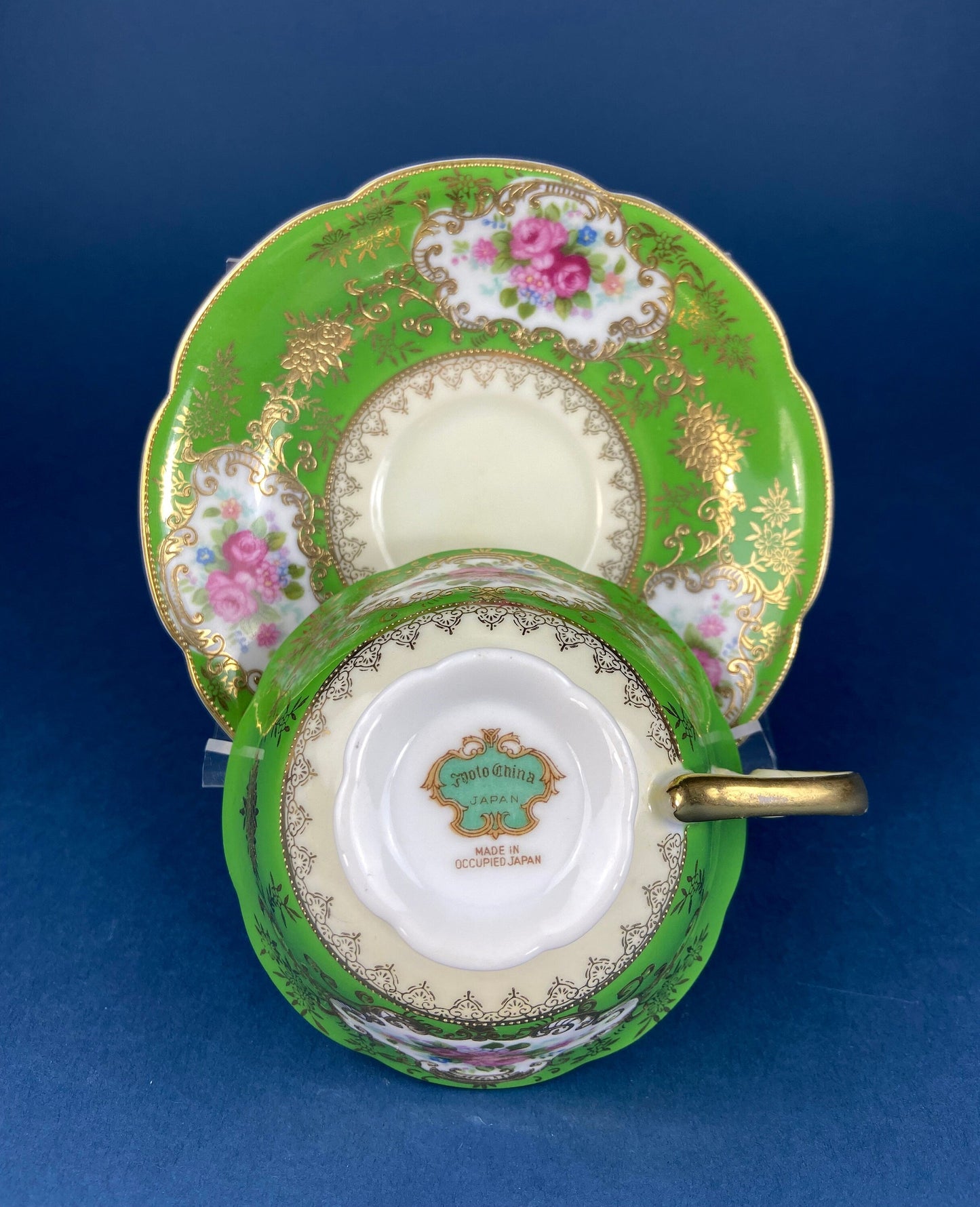 Antique Cup and Saucer Made in Occupied Japan.  Emerald Green , Gold , and Pink. Beautiful Pattern.