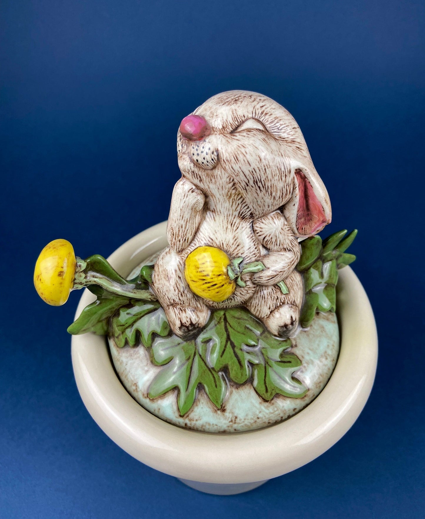 Family of Brown Porcelain Bunnies. Hand-Painted Mom Rabbit with Babies. In the Meadow by RW OM. Easter or Spring Celebration.