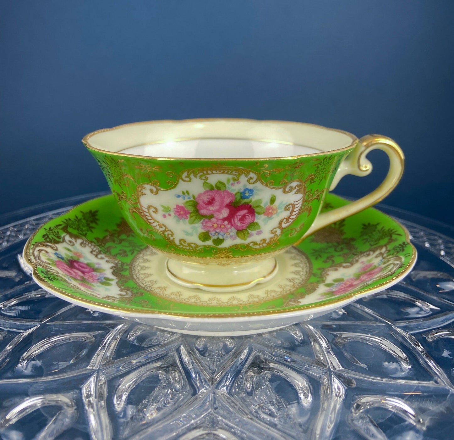 Antique Cup and Saucer Made in Occupied Japan.  Emerald Green , Gold , and Pink. Beautiful Pattern.