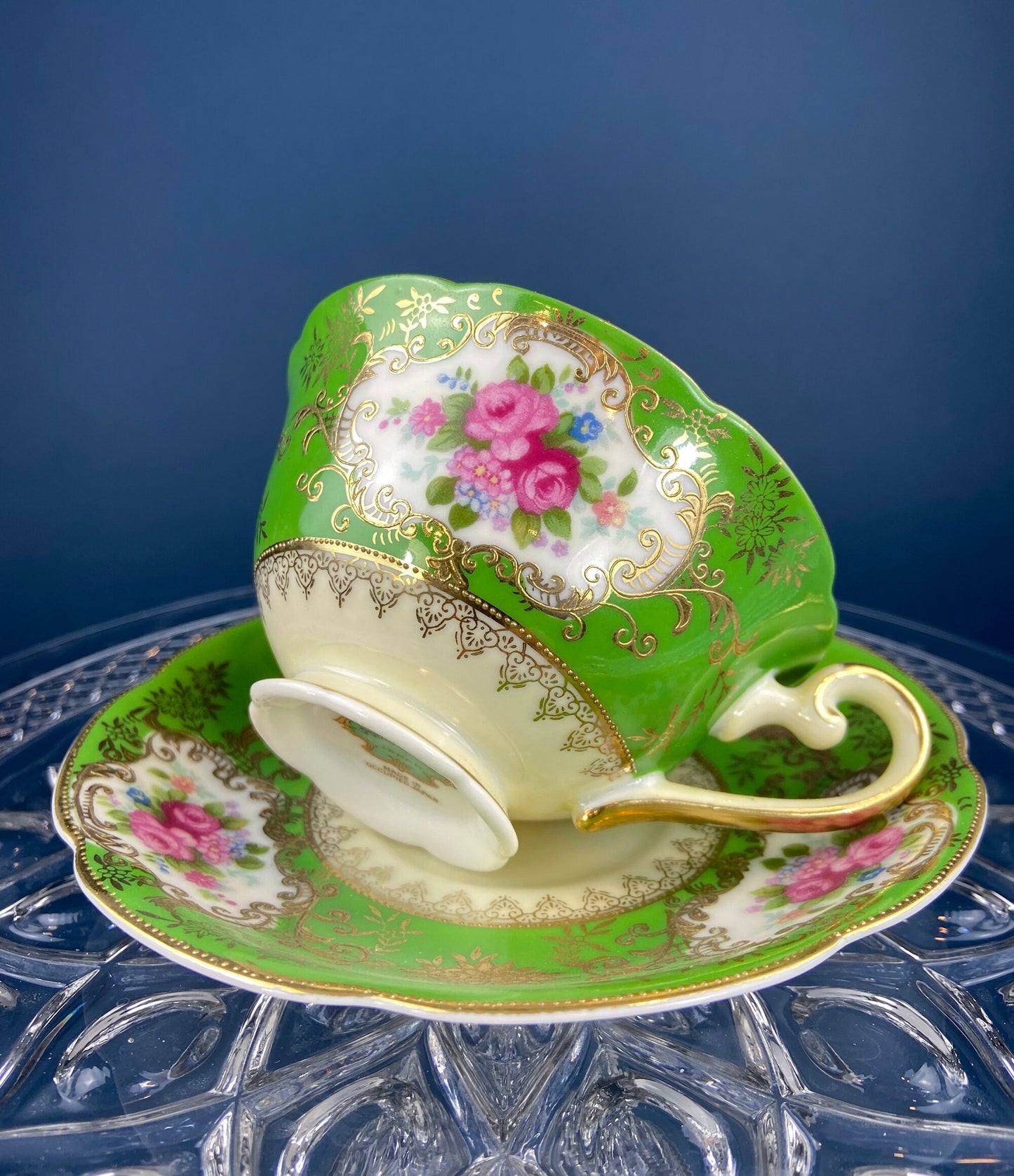 Antique Cup and Saucer Made in Occupied Japan.  Emerald Green , Gold , and Pink. Beautiful Pattern.