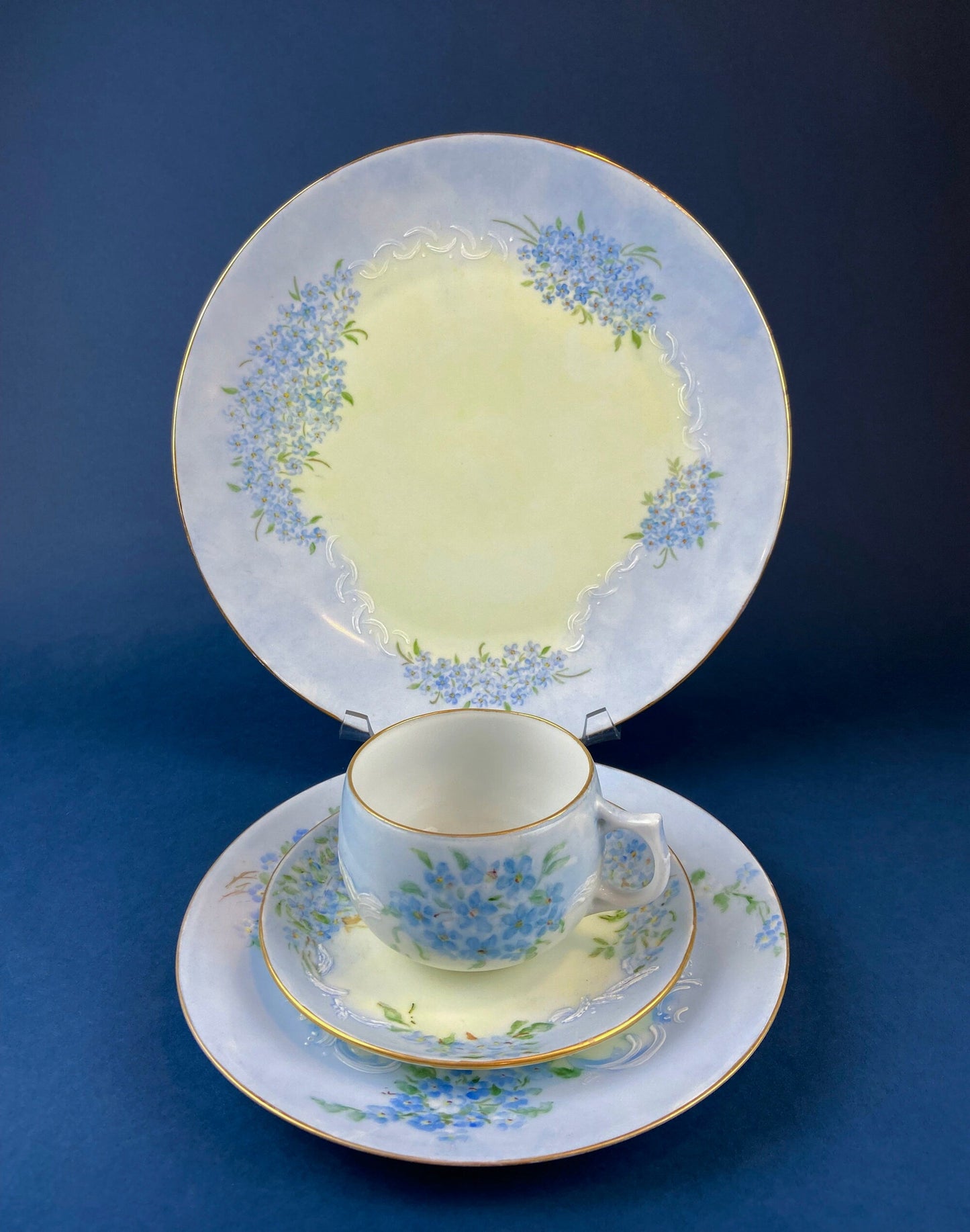 Forget me Not Set of Cup, Saucer, Dessert or Salad Plates, and Dinner Plates. Antique Hand Painted Porcelain Dishes. Breakfast Set.