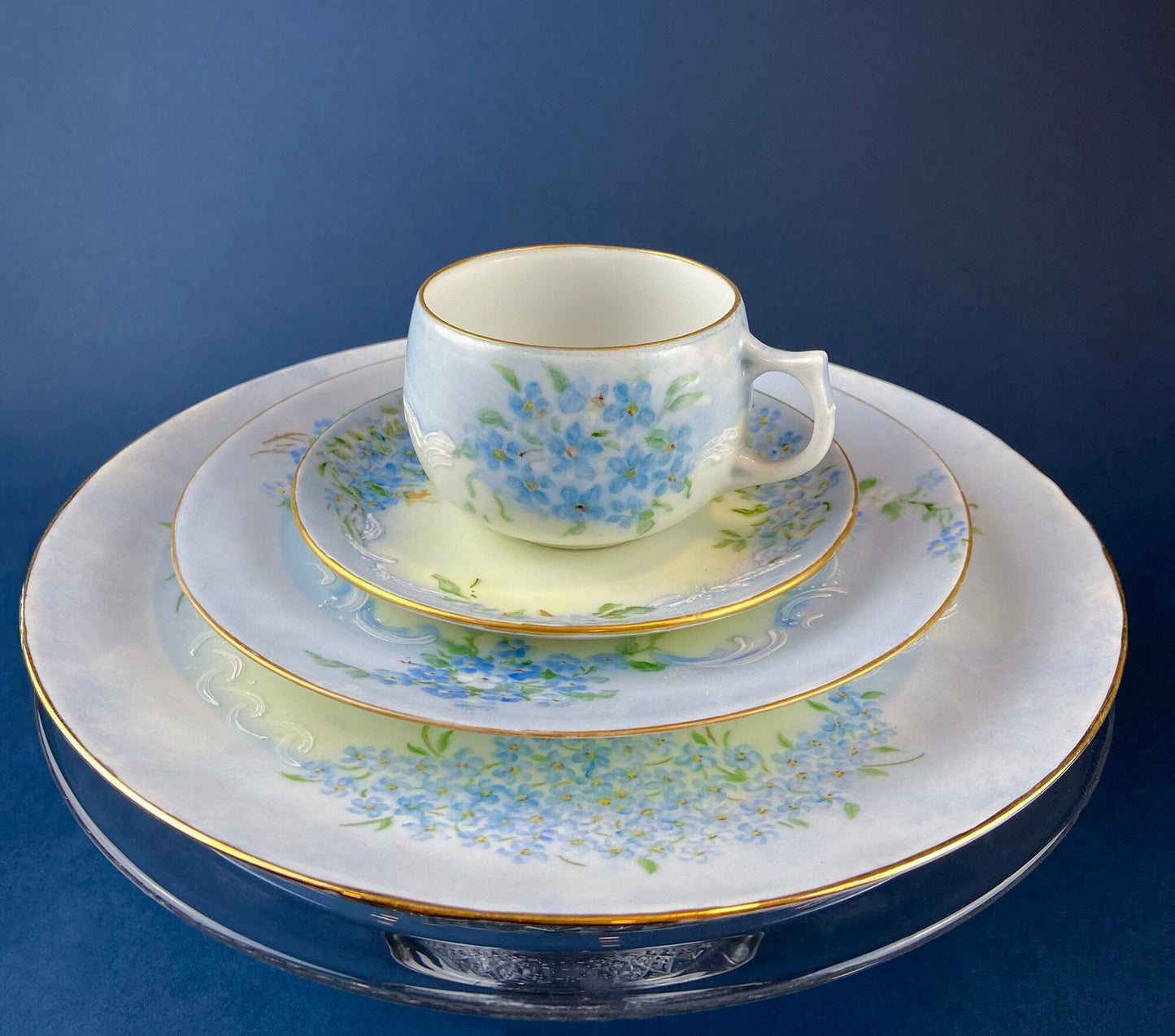 Forget me Not Set of Cup, Saucer, Dessert or Salad Plates, and Dinner Plates. Antique Hand Painted Porcelain Dishes. Breakfast Set.