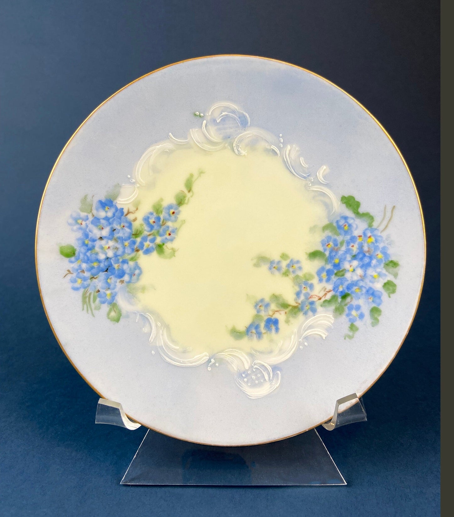 Forget me Not Set of Cup, Saucer, Dessert or Salad Plates, and Dinner Plates. Antique Hand Painted Porcelain Dishes. Breakfast Set.