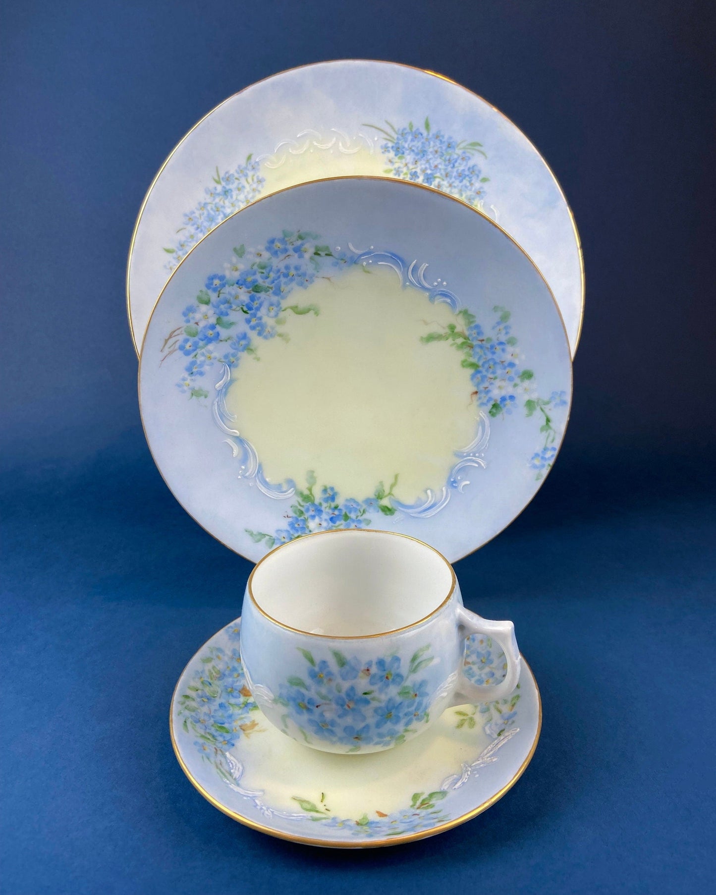 Forget me Not Set of Cup, Saucer, Dessert or Salad Plates, and Dinner Plates. Antique Hand Painted Porcelain Dishes. Breakfast Set.