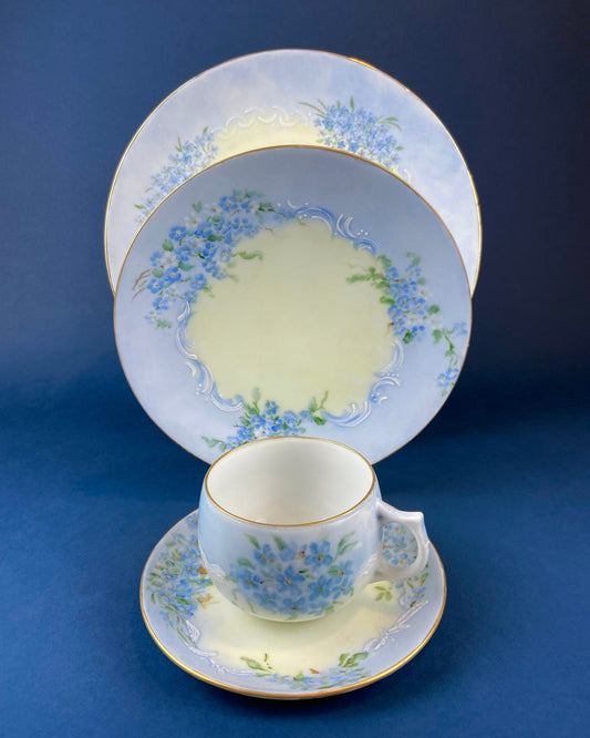 Forget me Not Set of Cup, Saucer, Dessert or Salad Plates, and Dinner Plates. Antique Hand Painted Porcelain Dishes. Breakfast Set.