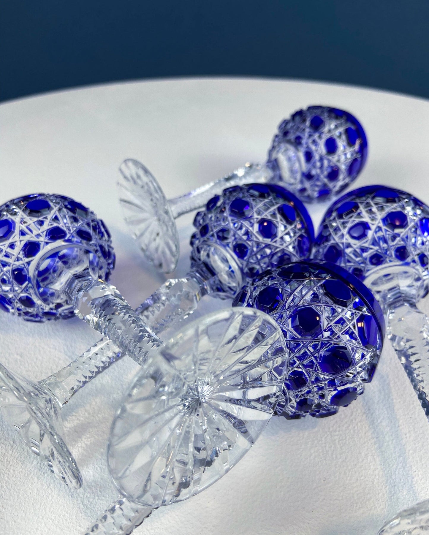Bohemian Crystal Sweet Wine or Cordial Glasses. Set of Five Sapphire to Clear Cut Crystal Stemware. Look Like Jewels. Luxury Living.