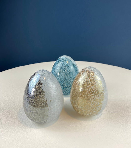 Art Glass Eggs. 3.5" Easter Eggs. Set of Three Spotted Eggs in Gold, Steel, and Blue.  Unusual, Minimalist Easter Decor. Cottagecore Living