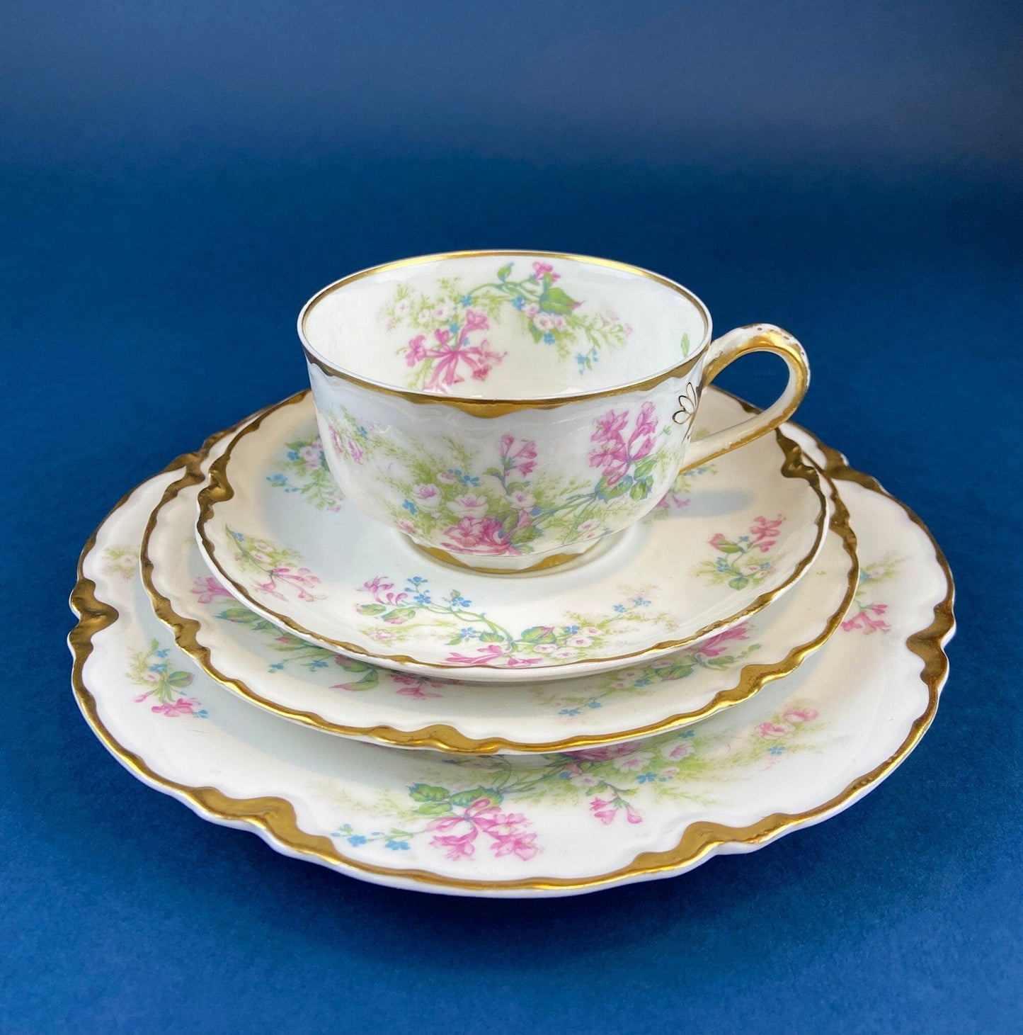 Antique Limoges Trio Tea Set. Floral Motif: Forget-me-nots, Honey Suckle, Roses. Rare Find. French Country Living. Luxurious Dining.