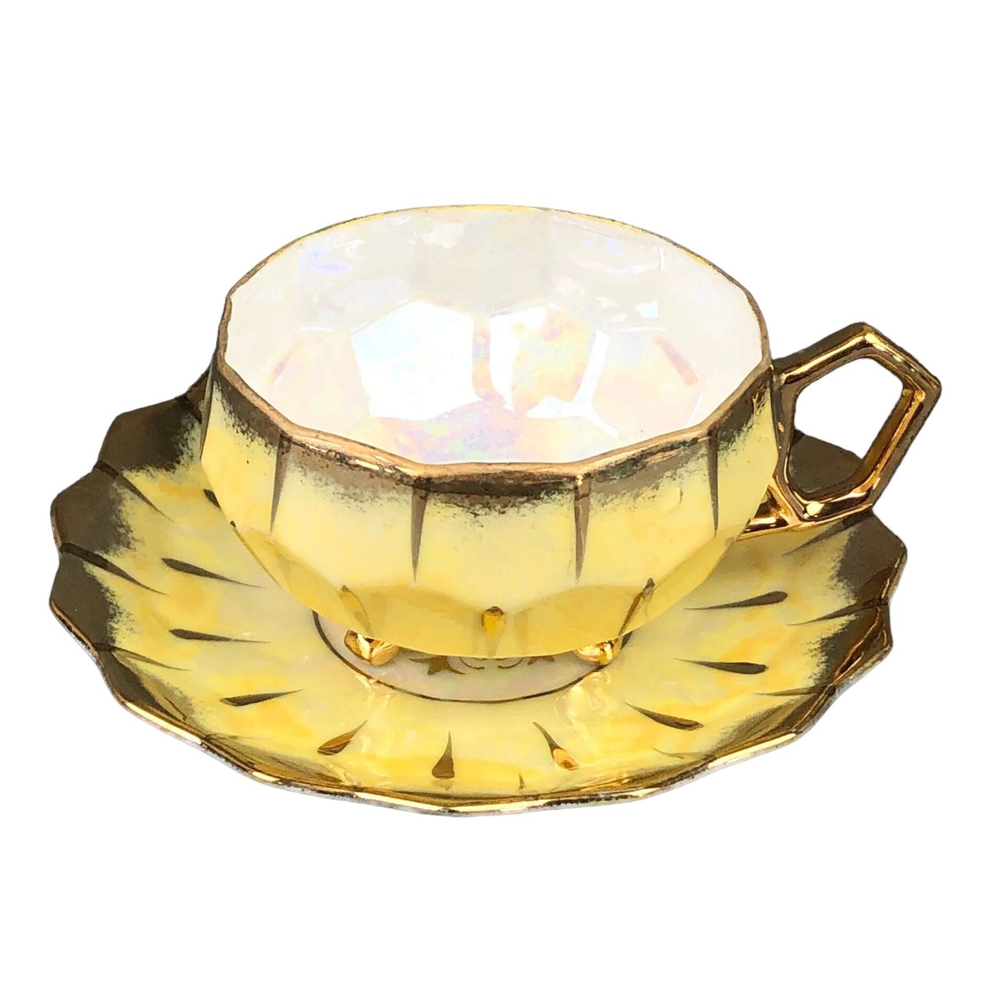 Antique Cup and Saucer Set by Royal Sealy China, Japan. Yellow Cup and Saucer with Rich Gold Decor and Iridescent Background Outside.