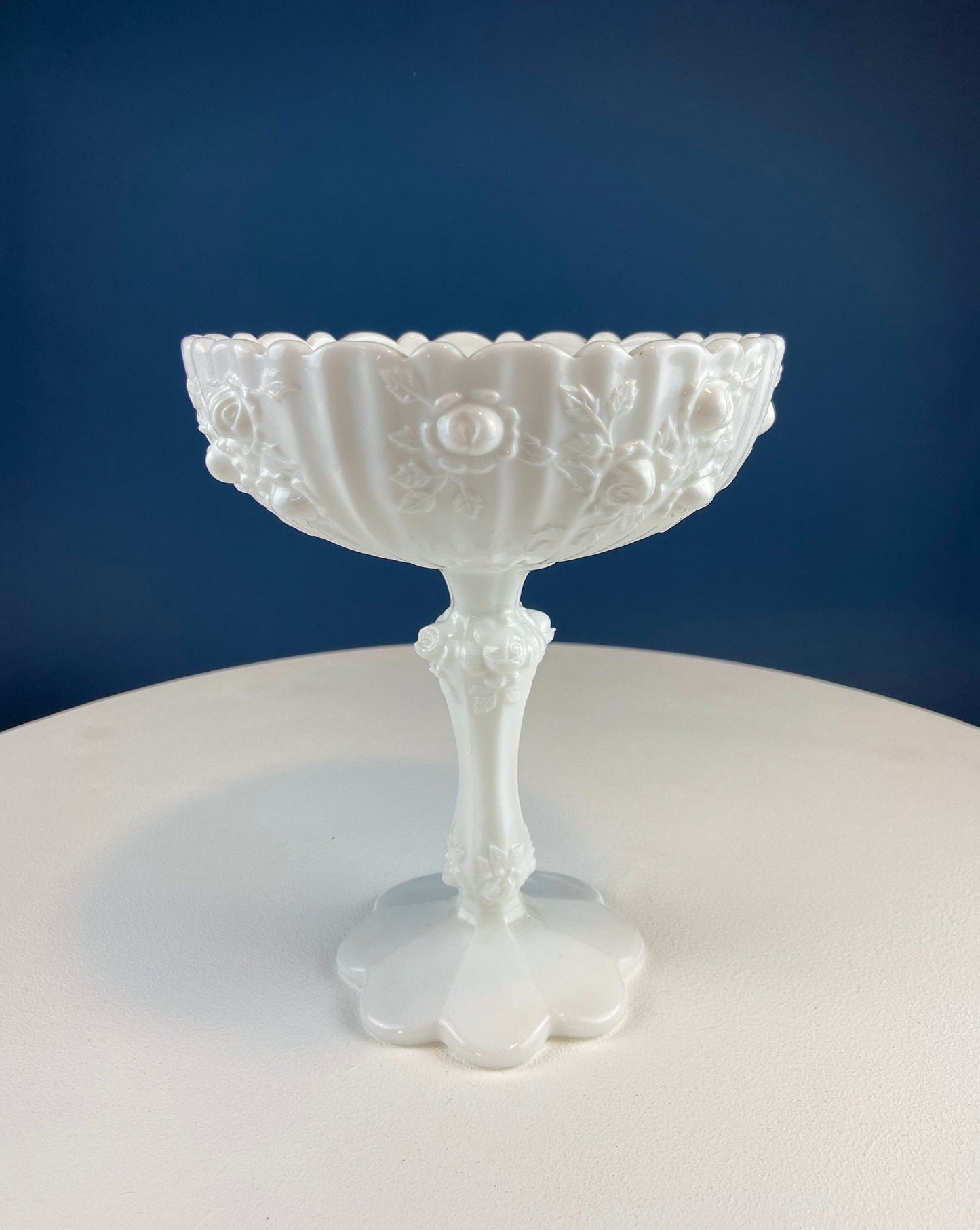 Milk Glass Floral Footed Bowl with Salloped Rim. White Compote with 3-D Roses. Serving Dish for Fruit or Nuts Bowl. Bedroom Console Decor.