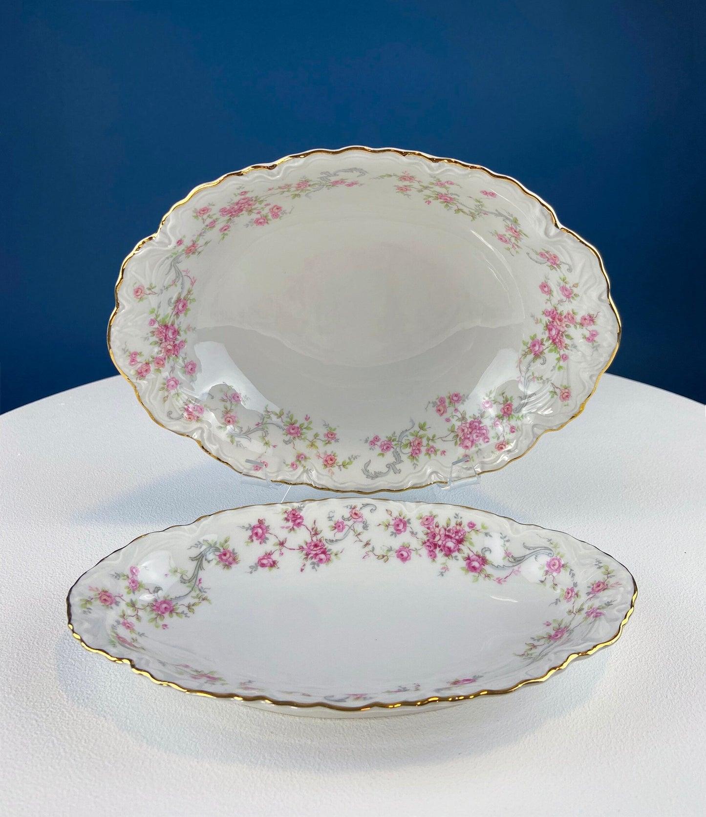 Antique Porcelain Serving Dishes. Set of Five Hutschenreuter Platters and Bowls with Pink Rose Garlands Motif.
