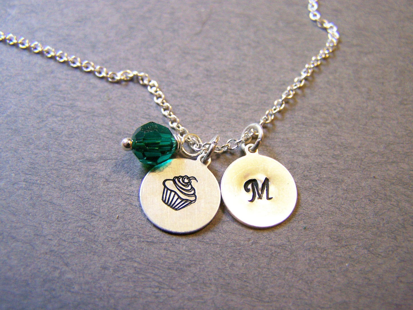 Monogrammed Sterling Silver Initial Swarovski Crystal Birthstone Birthday Cupcake Necklace / Gift for Her
