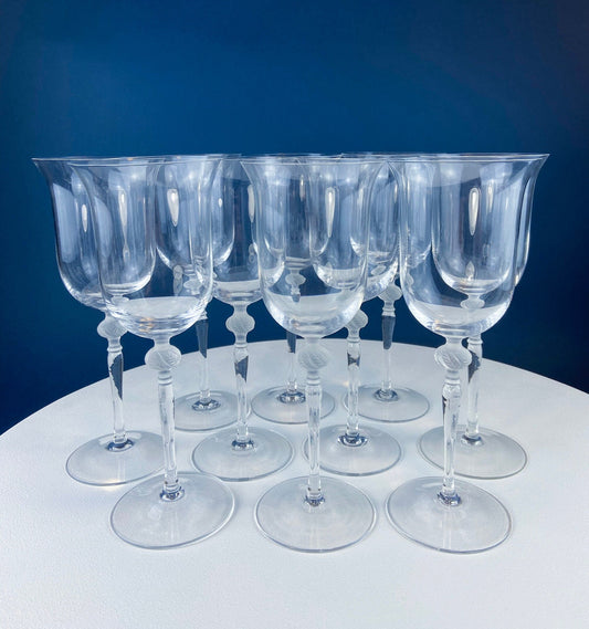 Clear Crystal Wine or Water Goblets with Frosted Leaf Ball on the Stems. Stunning Sasaki Isabelle 9" Glassware. Long Ping. Set Of 10.