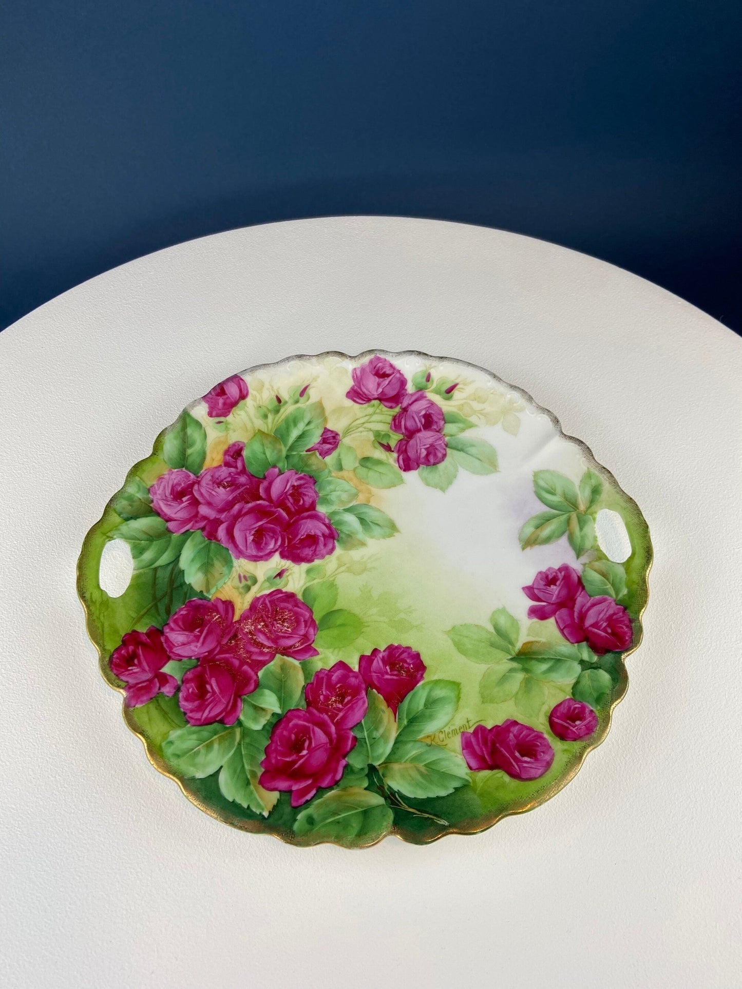 Antique 12" Serving or Decorative Plate. Hand Painted Pink Roses.  Dining Room Wall Decor or Collectible Display. Wedding Registry Gift.