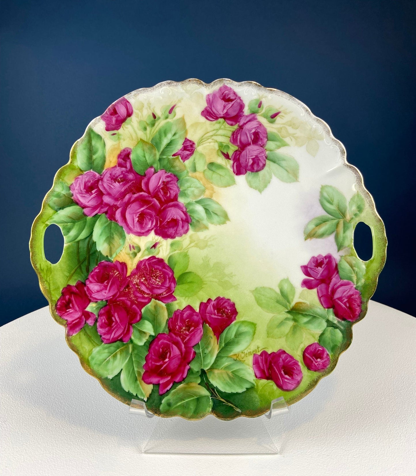 Antique 12" Serving or Decorative Plate. Hand Painted Pink Roses.  Dining Room Wall Decor or Collectible Display. Wedding Registry Gift.