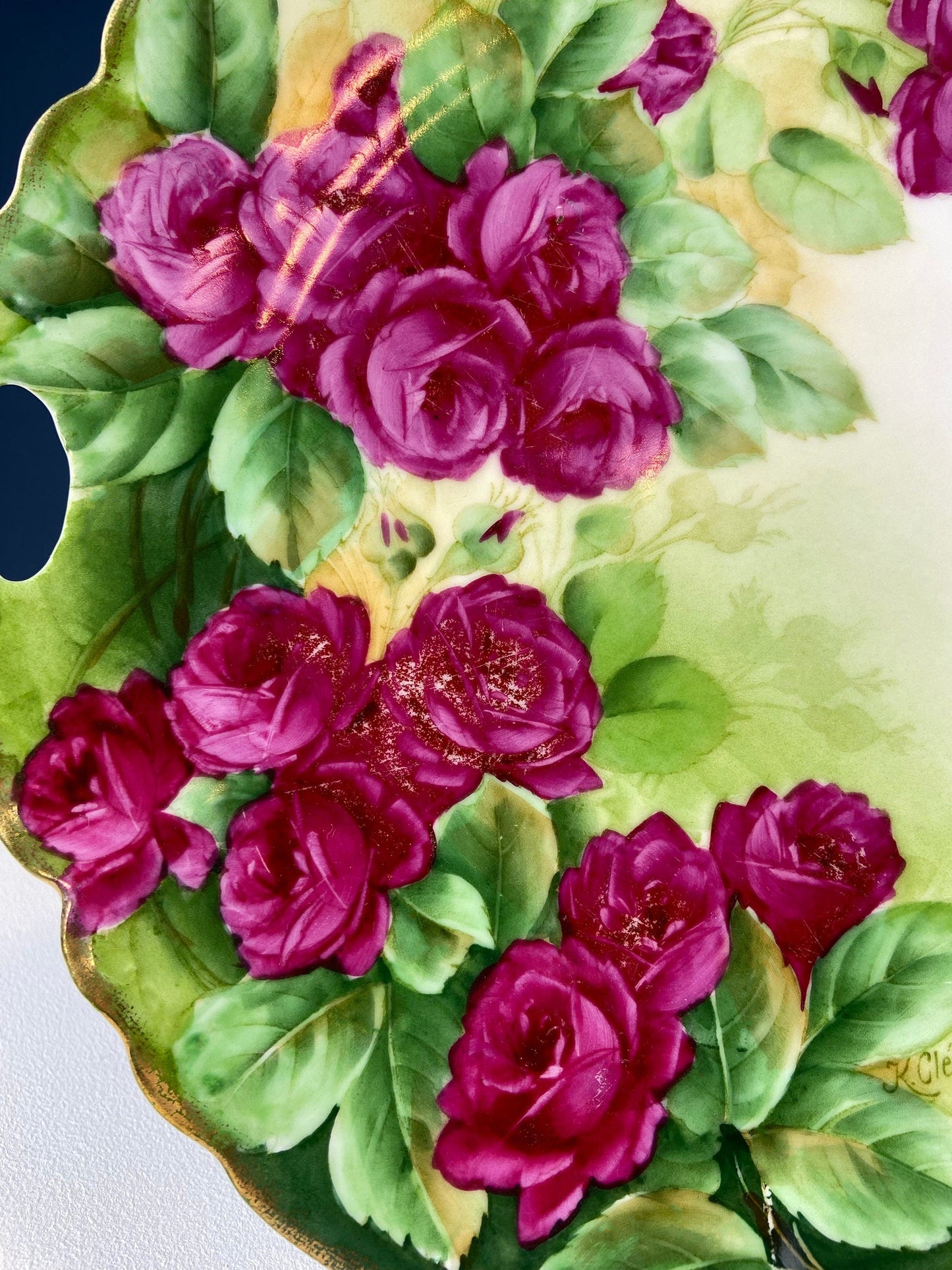 Antique 12" Serving or Decorative Plate. Hand Painted Pink Roses.  Dining Room Wall Decor or Collectible Display. Wedding Registry Gift.