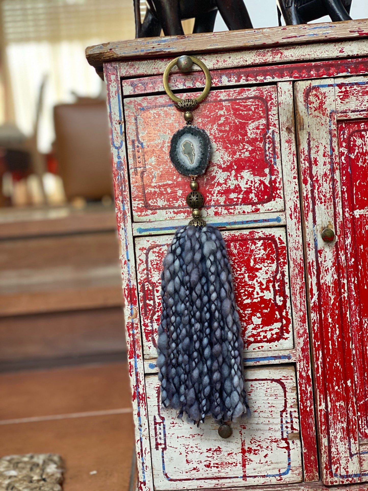 Crystal Garland with Stalactite Stone and Merino Wool Tassels, One of a kind decor piece, Natural Wall Hanging, multiple uses Jasper Gift