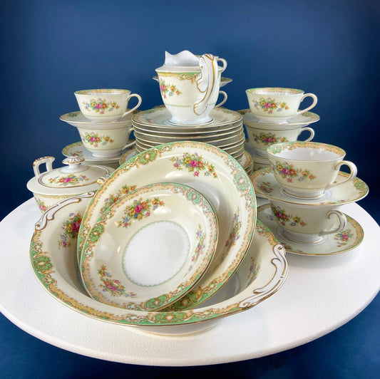 Mikado Fine China Dinnerware Set: Green Floral Cottagecore Dishes