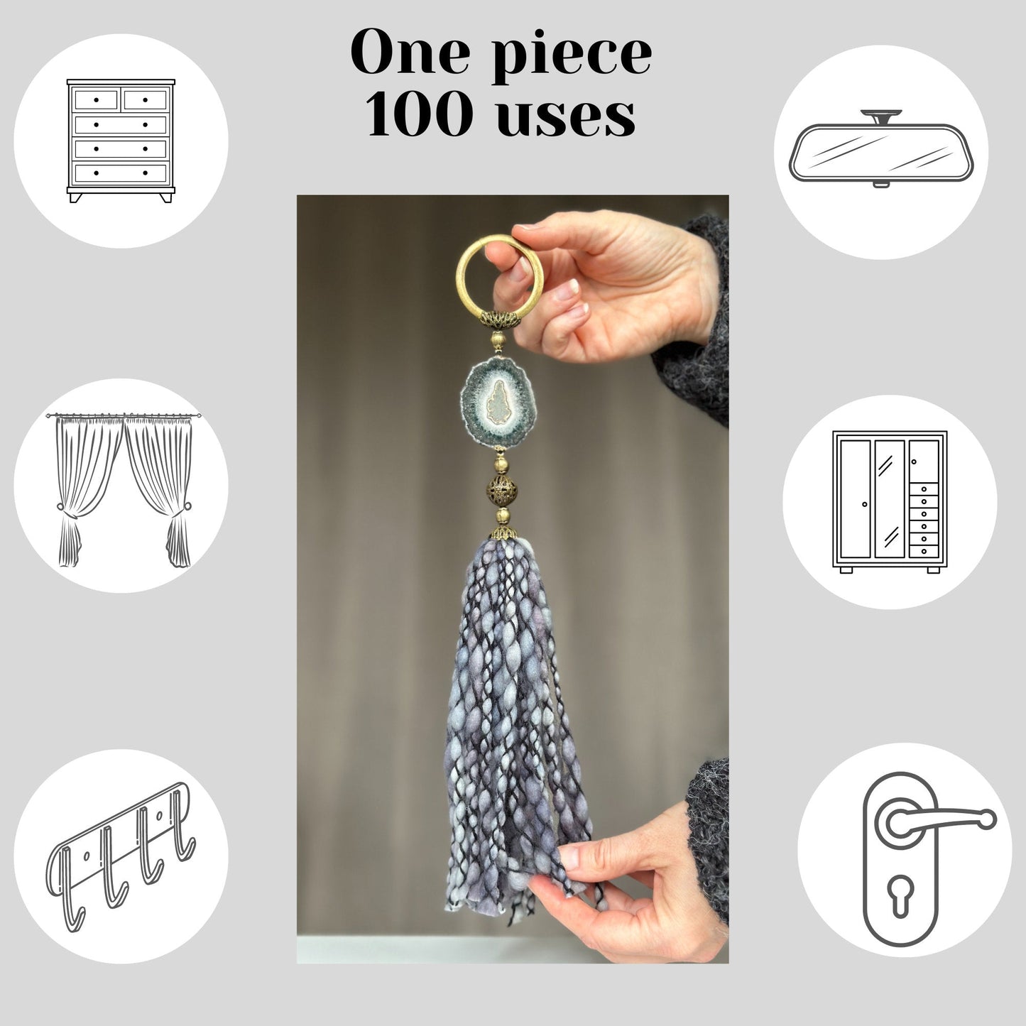 Amethyst Stalactite and Merino Wool Garland, Door knob tassel, Wall Hanging, multiple uses crystal gift