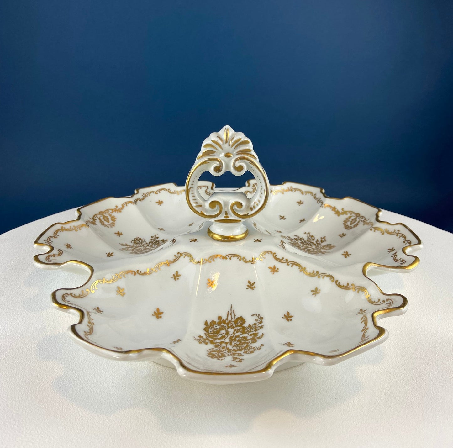 White and Gold Rosenthal Bowl.  Antique Footed Porcelain Serving Dish with Scalloped Rim and Reticulated Motif. Stunning Wedding Gift.
